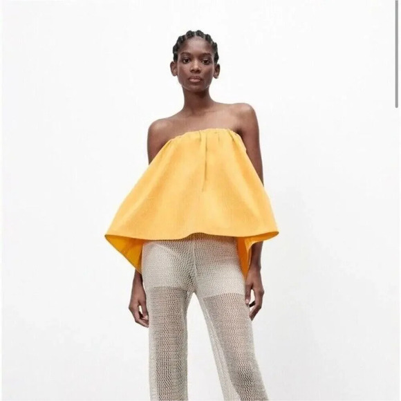 Zara Voluminous Strapless Balloon‎ Flare Bubble Top Butter Yellow Size Large NWT - Picture 1 of 11